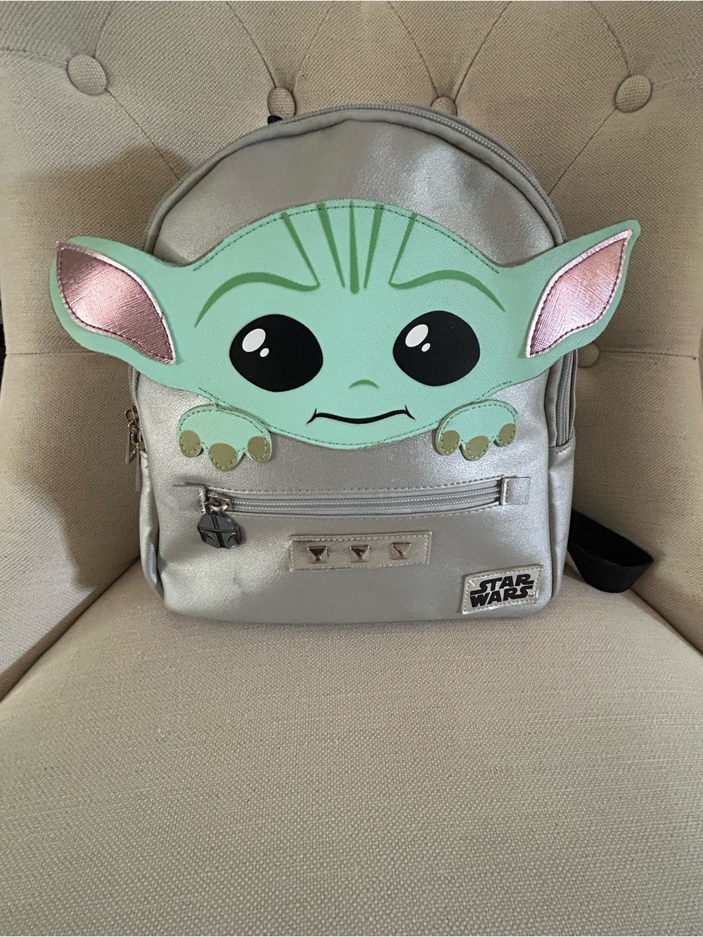 Star Wars Silver Backpack with Mint Green Grogu Face and Pink Ear Accents